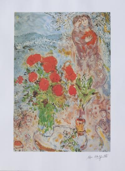 Marc CHAGALL : Le bouquet rouge, Lithographie signée, 1989, 500ex