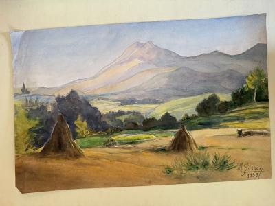 Marcel SOSSON - Champs au pied des montagnes - Aquarelle