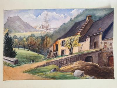 Marcel SOSSON - Ferme au pied des montagnes 1939 - Aquarelle