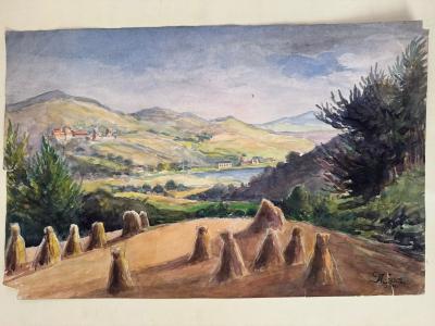 Marcel SOSSON - La moisson au bord du lac 1944 - Aquarelle