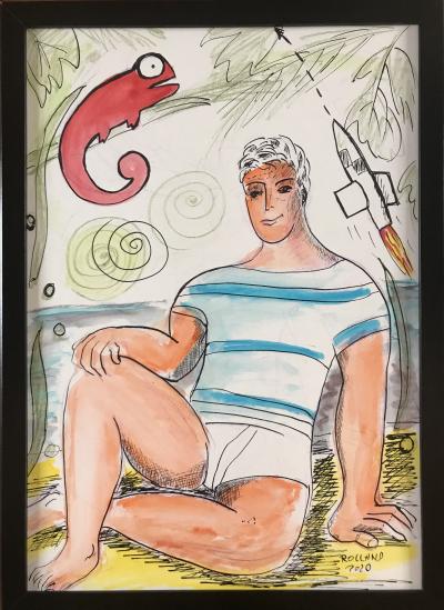 Bernard ROLLAND - Le caméléon , 2020 - Encre et aquarelle signée.