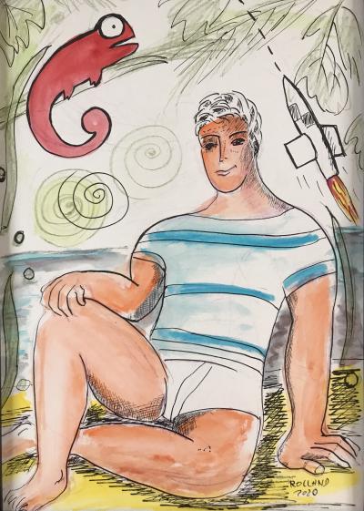 Bernard ROLLAND - Le caméléon , 2020 - Encre et aquarelle signée. 2