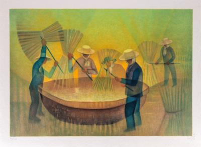 Louis Toffoli: Rice threshers in Thailand - Original signed lithograph 2