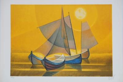 Louis TOFFOLI : Bateaux au couché du soleil  - Lithographie originale signée