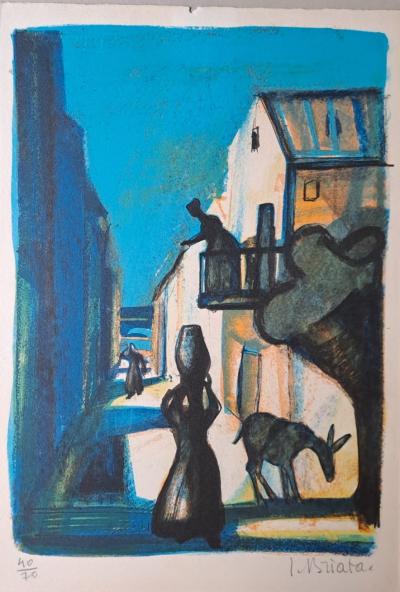 Georges BRIATA - La ruelle et les villageoises - Lithographie originale signée au crayon 2