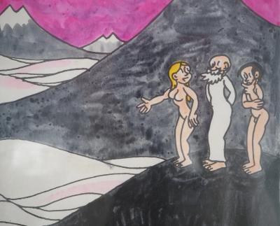 Jean EFFEL - Adam et Eve découvrent la neige - Aquarelle originale Signée 2