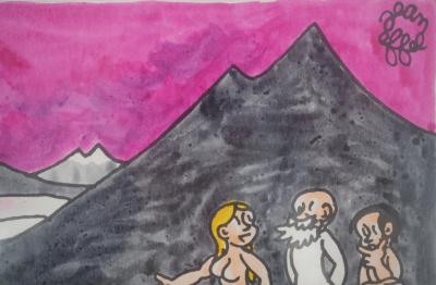 Jean EFFEL - Adam et Eve découvrent la neige - Aquarelle originale Signée 2
