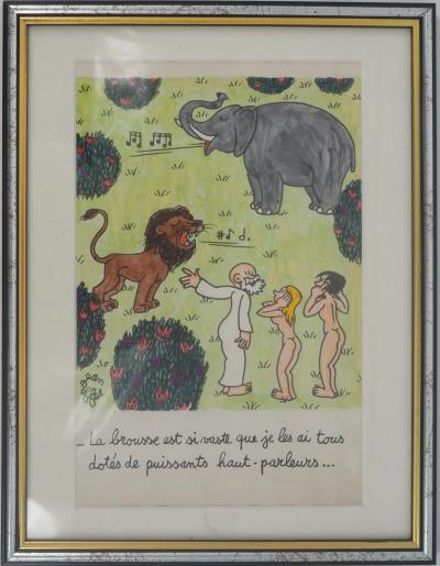 Jean EFFEL - Adam et Eve avec le lion et l’éléphant - Aquarelle originale Signée