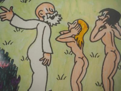 Jean EFFEL - Adam et Eve avec le lion et l’éléphant - Aquarelle originale Signée 2