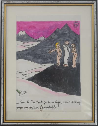 Jean EFFEL - Adam et Eve découvrent la neige - Aquarelle originale Signée 2