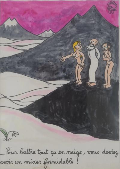 Jean EFFEL - Adam et Eve découvrent la neige - Aquarelle originale Signée 2