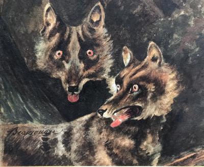 Jean-Louis Amédée BEAUJOUAN - Les loups,vers 1830 - Huile sur papier signée