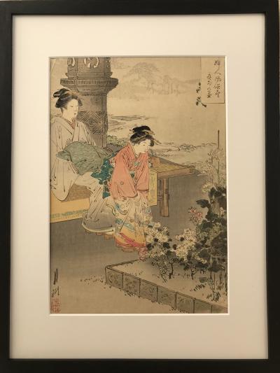 Gekkô OGATA - Élégantes observant des chrysanthèmes,1891 - gravure sur bois signée 2