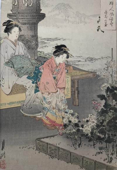 Gekkô OGATA - Élégantes observant des chrysanthèmes,1891 - gravure sur bois signée 2