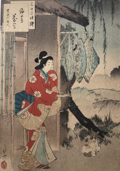 Mizuno TOSHIKATA - Maison de thé aux chapeaux tressés - gravure sur bois signée 2