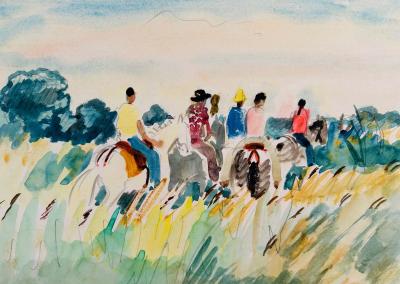 Yves BRAYER - Cavaliers en Camargue, 1970 - Aquarelle originale signée 2