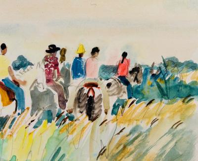 Yves BRAYER - Cavaliers en Camargue, 1970 - Aquarelle originale signée 2