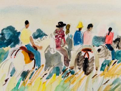 Yves BRAYER - Cavaliers en Camargue, 1970 - Aquarelle originale signée 2
