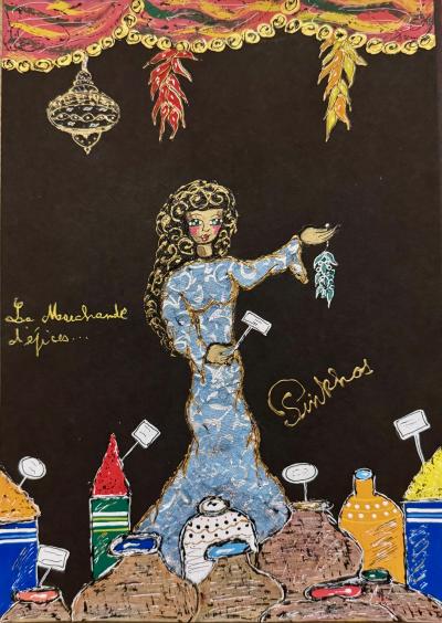 PINKHAS - Marchande d’èpices  - 2025 - Technique mixte sur papier signée 2