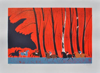 Serge LASSUS : Cavaliers et forêt rouge, Lithographie originale signée, 250ex 2