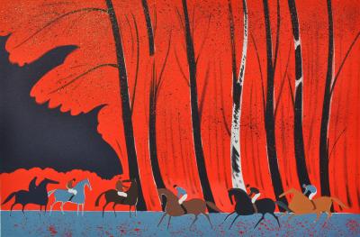 Serge LASSUS : Cavaliers et forêt rouge, Lithographie originale signée, 250ex 2