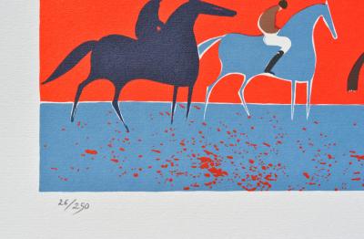 Serge LASSUS : Cavaliers et forêt rouge, Lithographie originale signée, 250ex 2