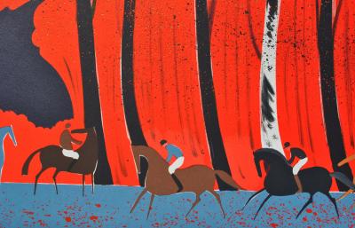 Serge LASSUS : Cavaliers et forêt rouge, Lithographie originale signée, 250ex 2