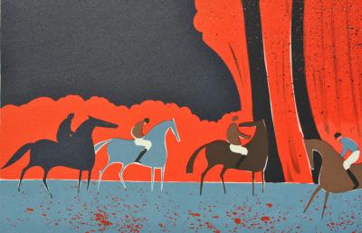 Serge LASSUS : Cavaliers et forêt rouge, Lithographie originale signée, 250ex 2