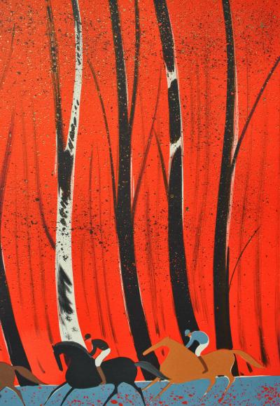 Serge LASSUS : Cavaliers et forêt rouge, Lithographie originale signée, 250ex 2