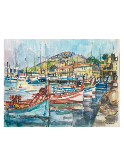 Paul Girol . Le port de pêche . Aquarelle . 1955
