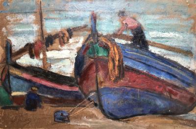 Andrée Clara BAC - Les pêcheurs vers 1960 - Huile sur carton signée 2