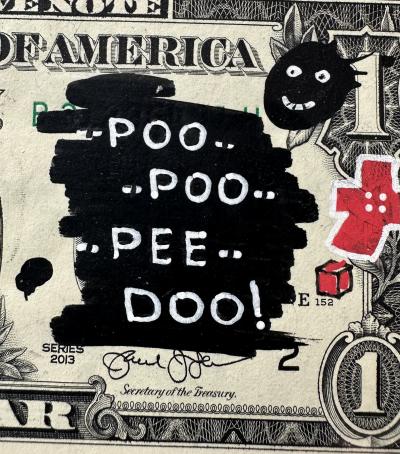 Sainte Fauste. Poo Poo Pee Doo technique mixte sur Billet Dollar US 2