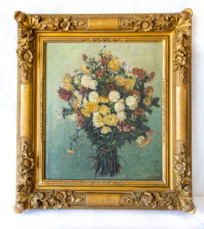 JST huile sur toile , bouquet de fleurs signée JST;datée 1887 2