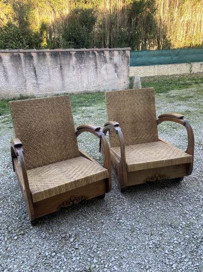 Art Déco - paire de fauteuils coloniaux - moelle de rotin et teck 2