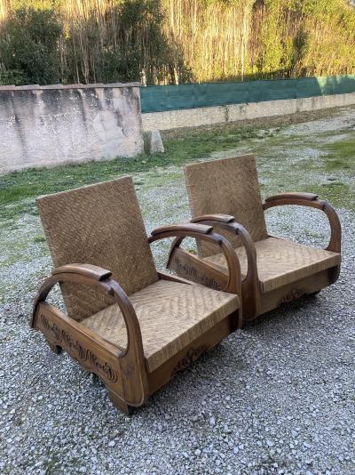 Art Déco - paire de fauteuils coloniaux - moelle de rotin et teck 2