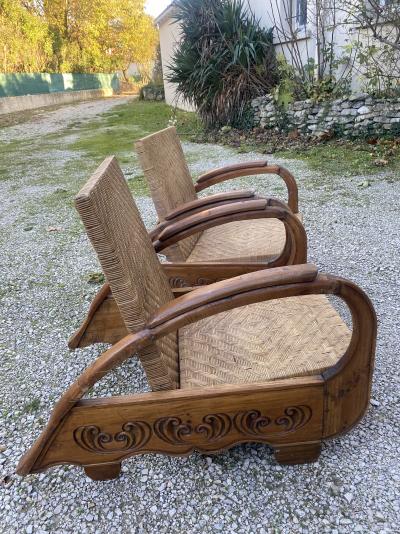 Art Déco - paire de fauteuils coloniaux - moelle de rotin et teck 2