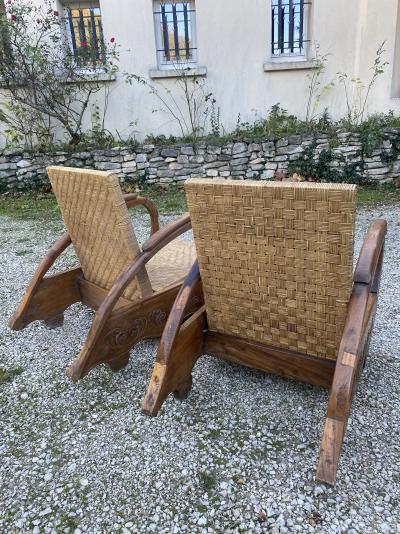 Art Déco - paire de fauteuils coloniaux - moelle de rotin et teck 2