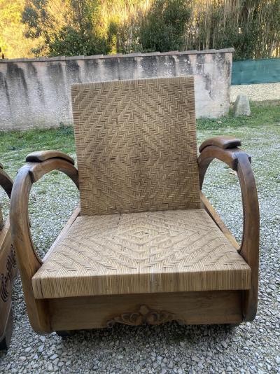 Art Déco - paire de fauteuils coloniaux - moelle de rotin et teck 2