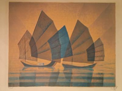 Louis Toffoli - Les jonques - Lithographie originale signée et numérotée au crayon