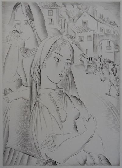 Mily POSSOZ: The young girls of the village - Original signed engraving 2