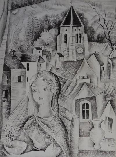 Mily POSSOZ: The Church of Fontenay - Original signed engraving 2