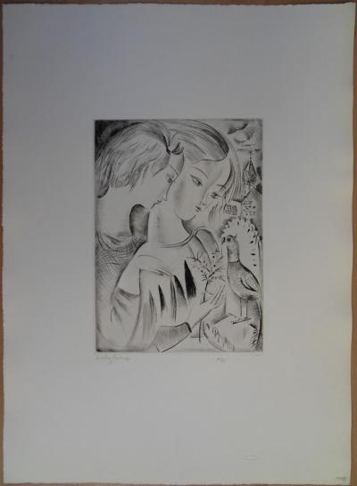 Mily POSSOZ: The Children and the Parrot - Original signed engraving 2