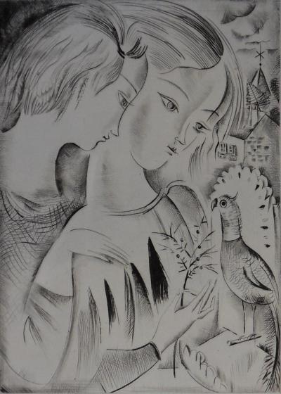 Mily POSSOZ: The Children and the Parrot - Original signed engraving 2