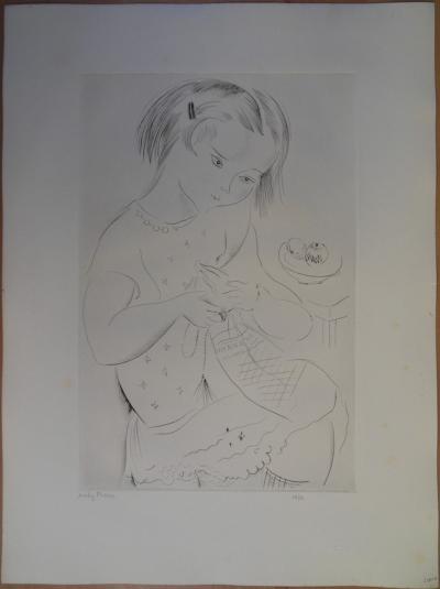 Mily POSSOZ: The young girl sewing - Original signed engraving 2