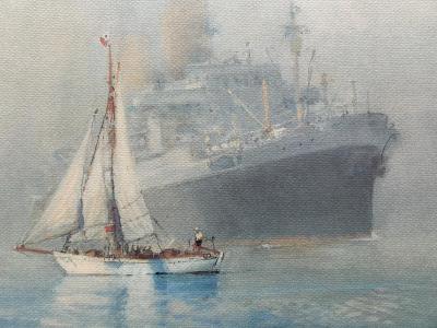 Marin-Marie - Winnibelle devant un Paquebot - Gravure couleur signée 2