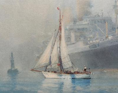 Marin-Marie - Winnibelle devant un Paquebot - Gravure couleur signée 2