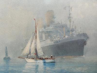 Marin-Marie - Winnibelle devant un Paquebot - Gravure couleur signée 2