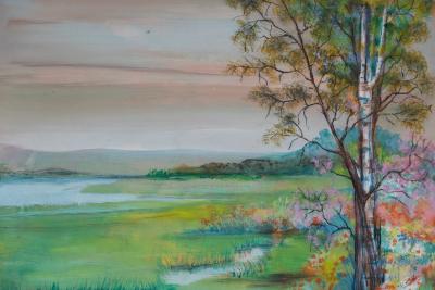 TORRES: Landscape with birch trees - Gouache and pastel, signed 2