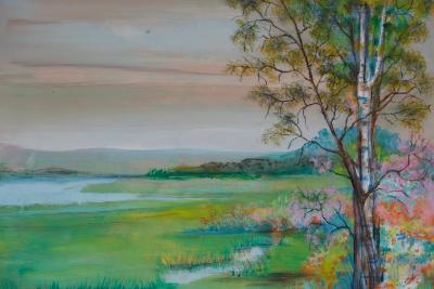 TORRES: Landscape with birch trees - Gouache and pastel, signed 2