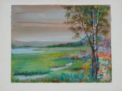 TORRES: Landscape with birch trees - Gouache and pastel, signed 2